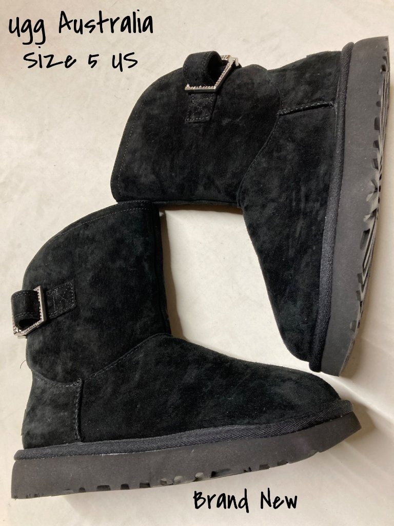 Ugg Remora Buckle Crystal Bling Black Suede Fur Short Boots Size 5 Us Women New